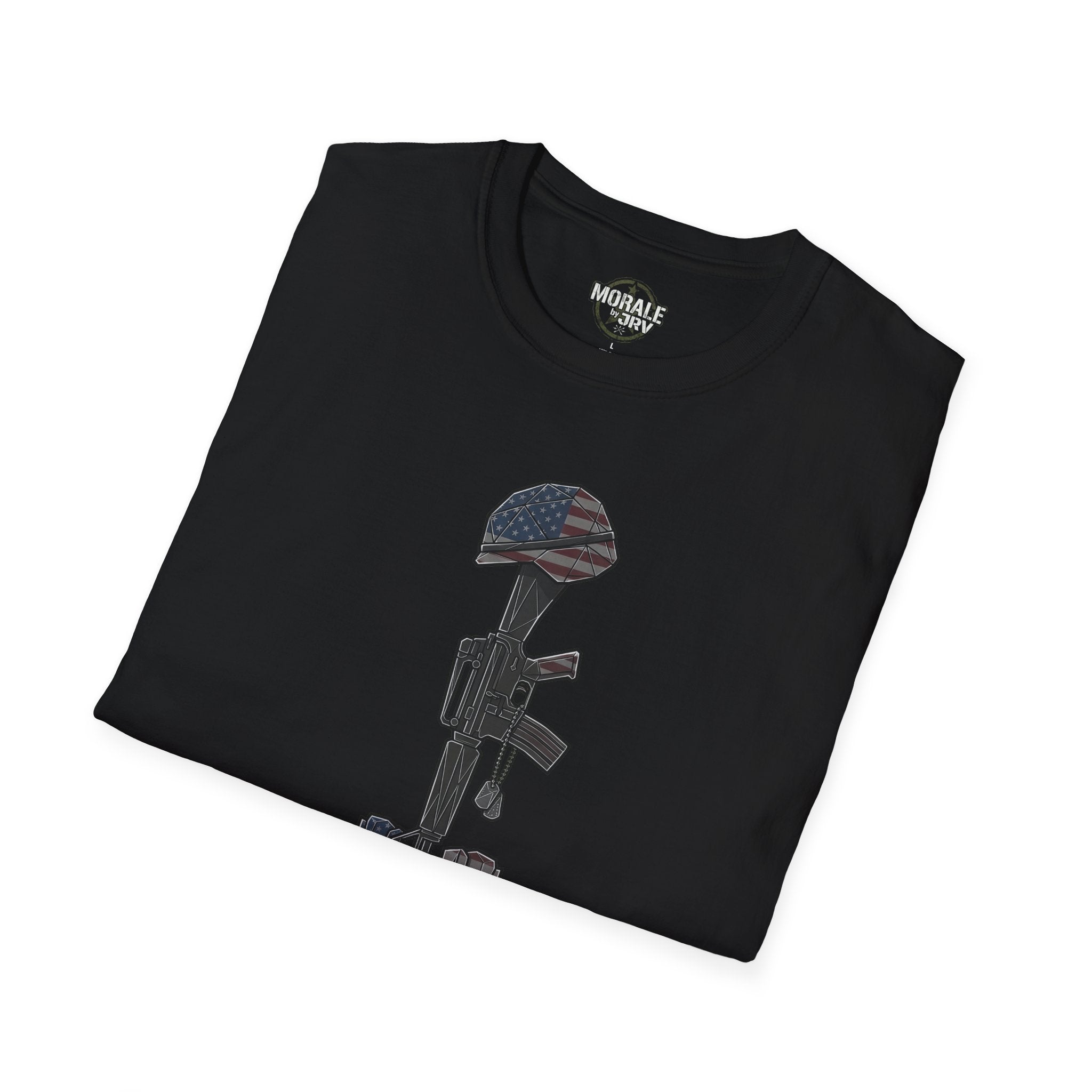 Black t-shirt with flag-and-rifle soldier graphic on chest