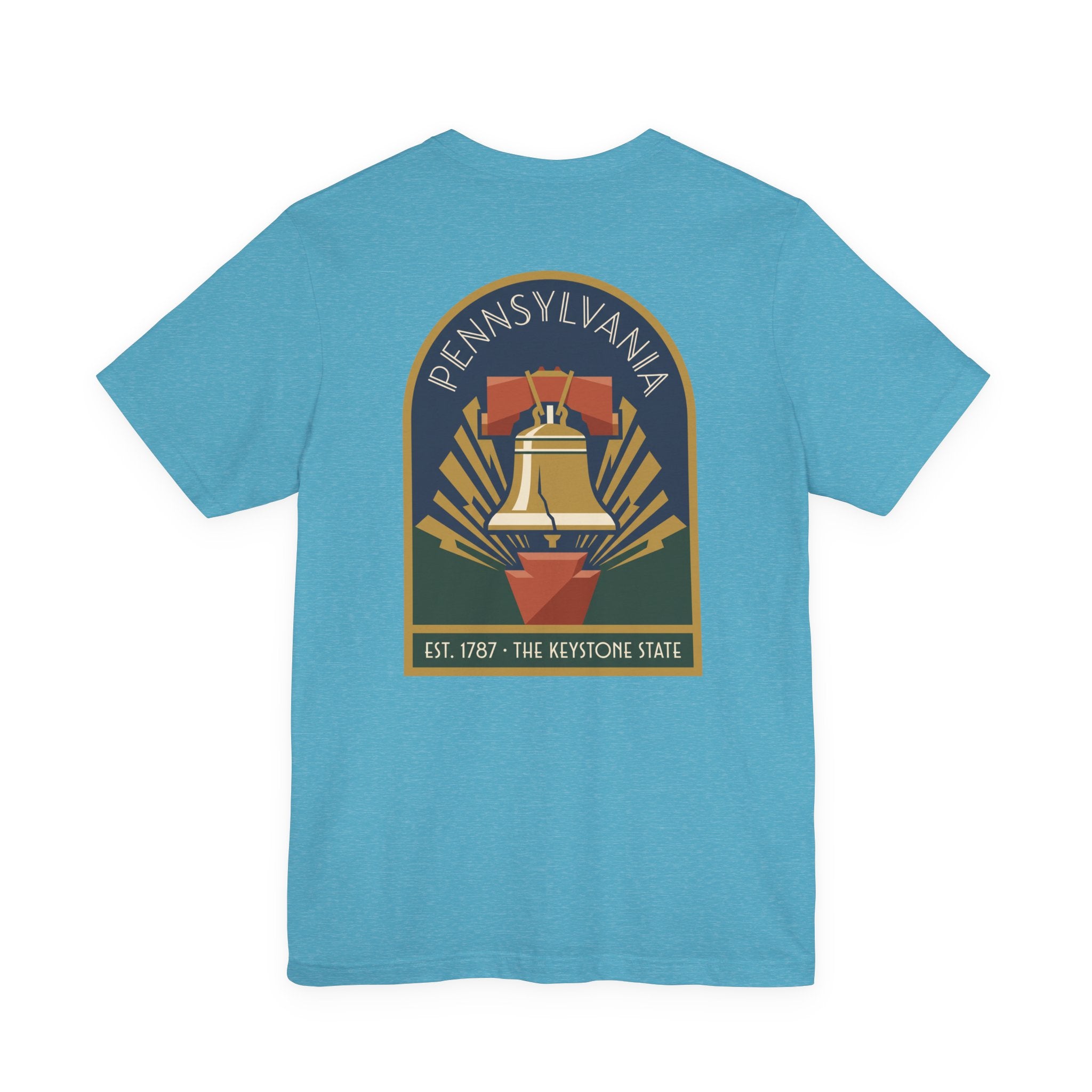 Aqua T-shirt with large Art Deco-style Pennsylvania Liberty Bell graphic on front.