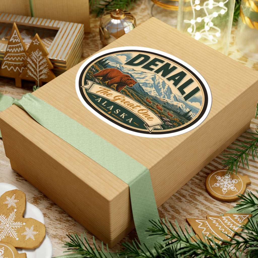Denali oval sticker on a wrapped wooden box, bear, mountains, and “The Great One Alaska” ribbon