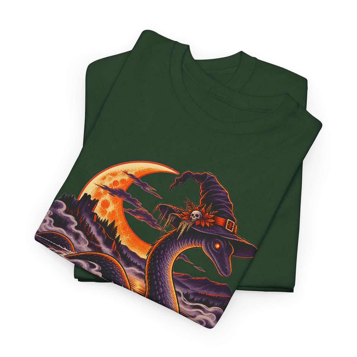 Green crewneck T-shirt with colorful cryptid graphic on front