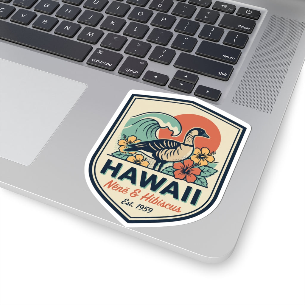 Hawaii Nene and Hibiscus kiss-cut vinyl sticker with vintage bird and wave design