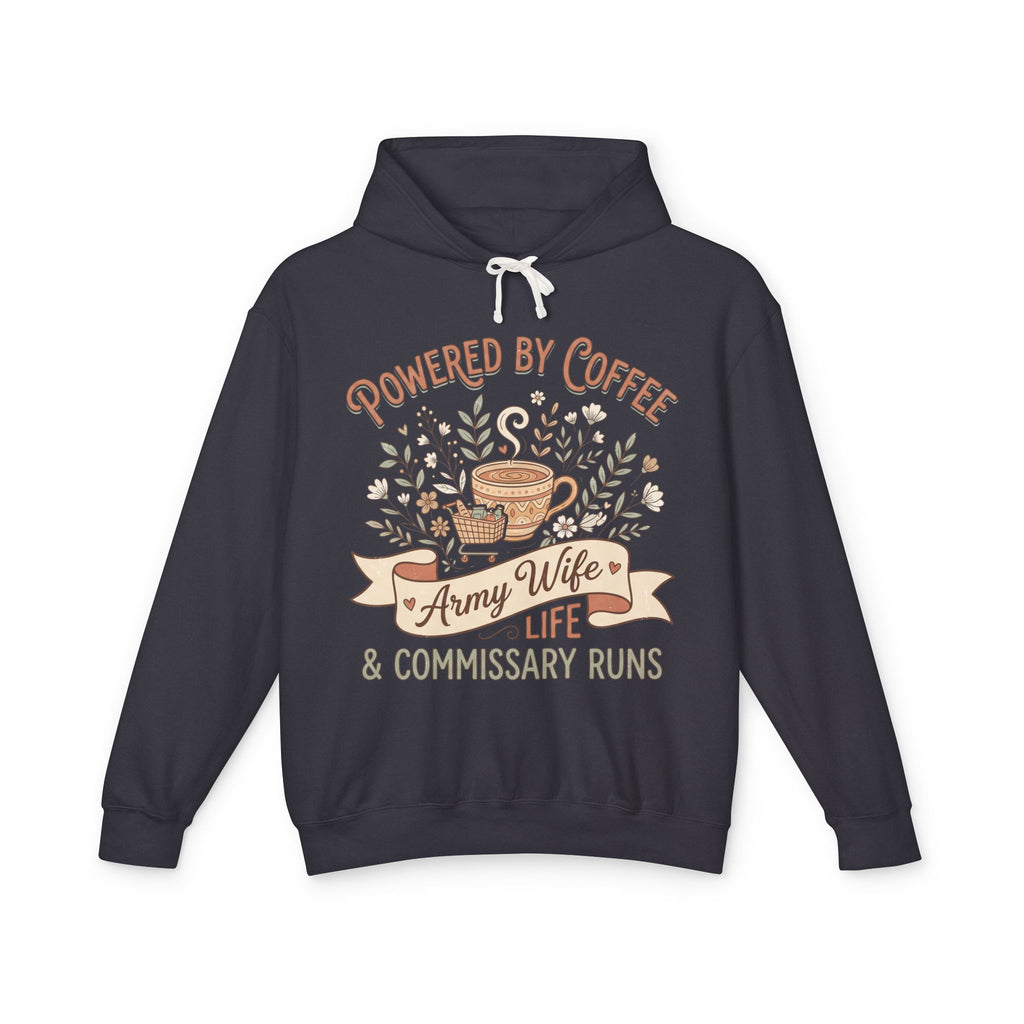 Black pullover hoodie with drawstring hood; 'Powered by Coffee' graphic