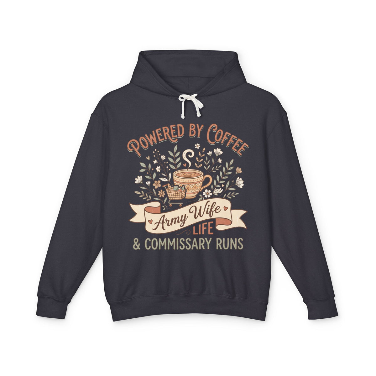 Black pullover hoodie with drawstring hood; 'Powered by Coffee' graphic