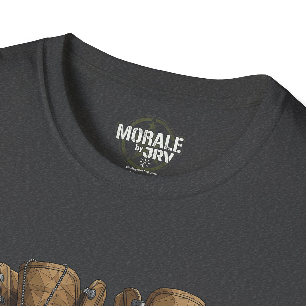 Gray T-shirt with vintage „MORALE by TRV“ logo at the crew neck