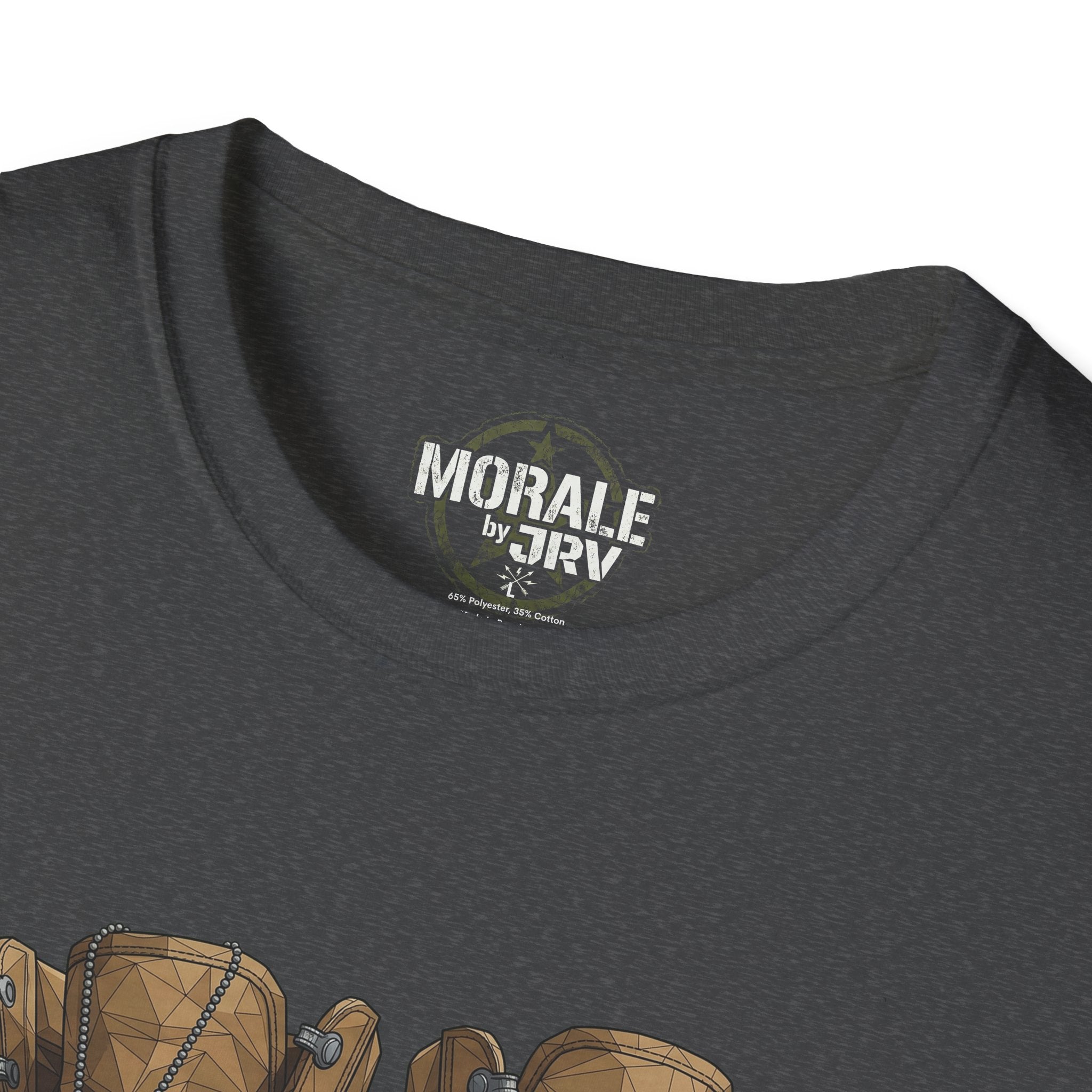 Gray T-shirt with vintage „MORALE by TRV“ logo at the crew neck