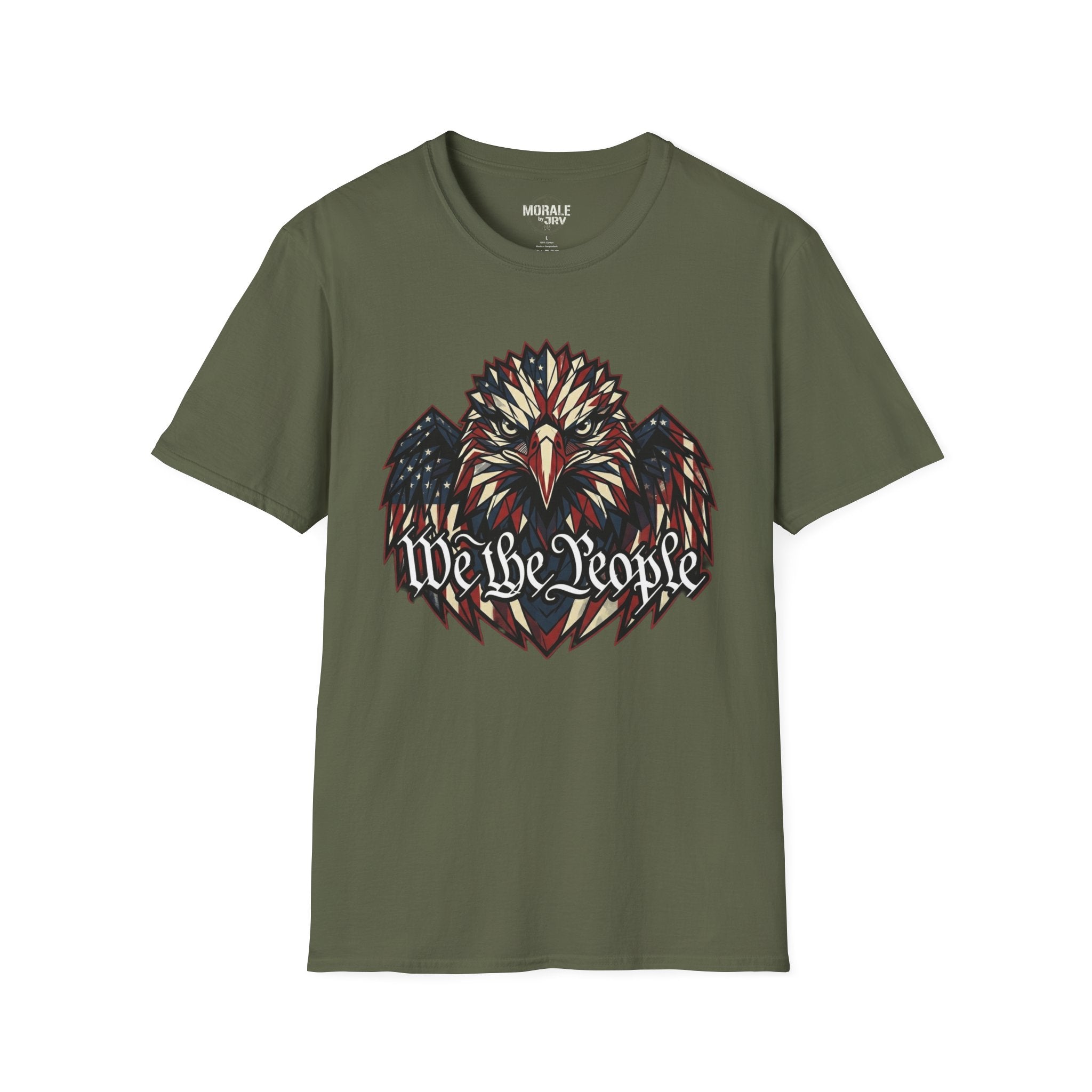 Eagle graphic T-shirt, military green with multicolor patriotic We the People print