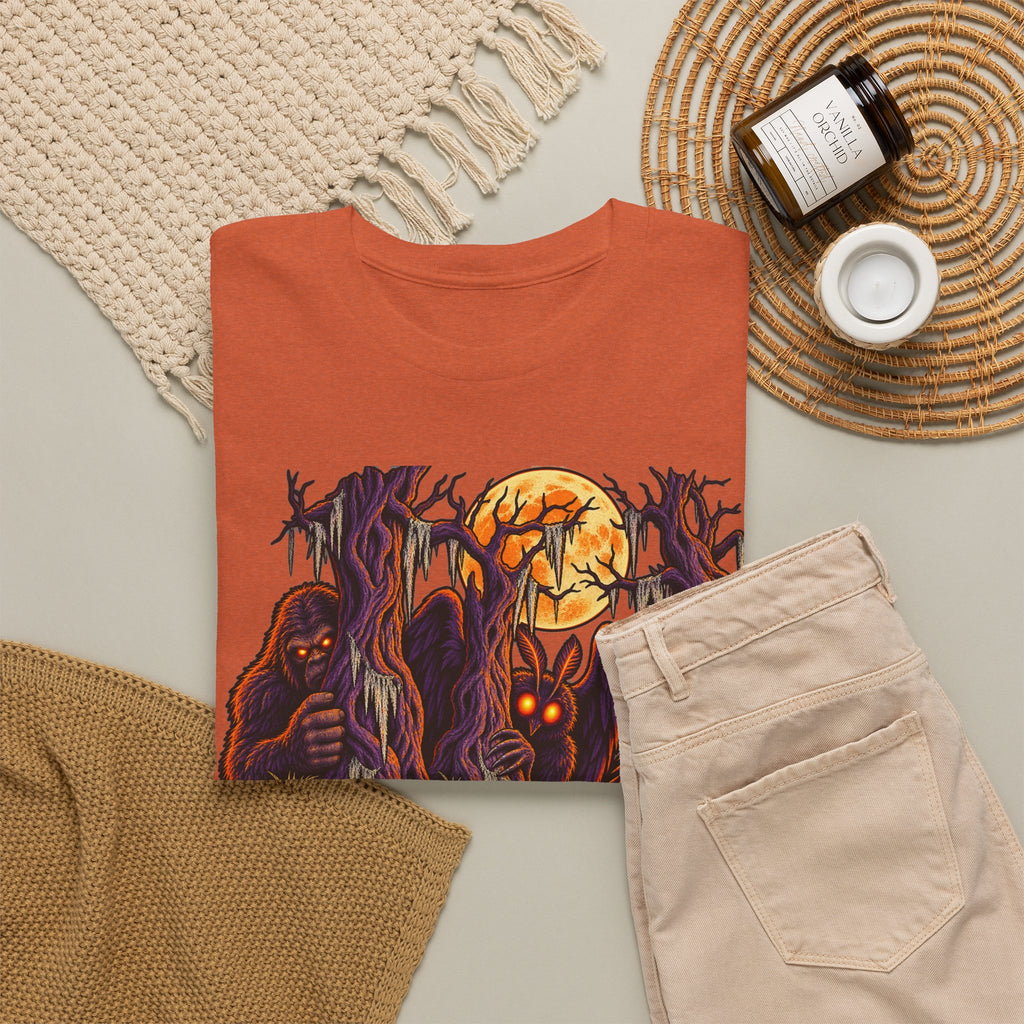 Orange Halloween monster graphic T-shirt with haunted forest and glowing pumpkin face.