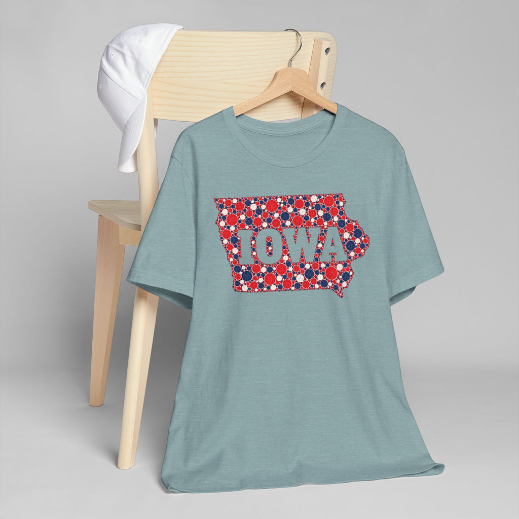 Iowa State Floral Pattern T-Shirt | Red White and Blue Iowa Outline Graphic Tee