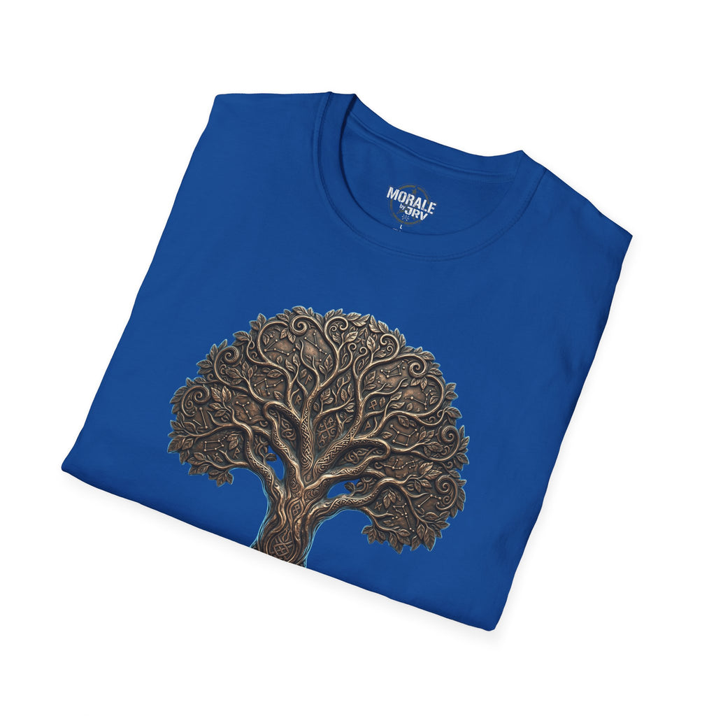 Royal blue Celtic tree of life graphic T-shirt, gold tree knotwork