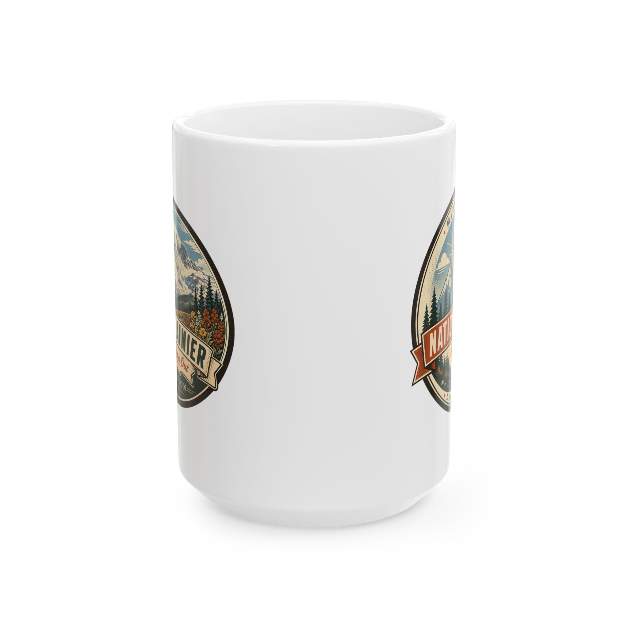 White ceramic mug with two-sided Mount Rainier national park emblem graphics