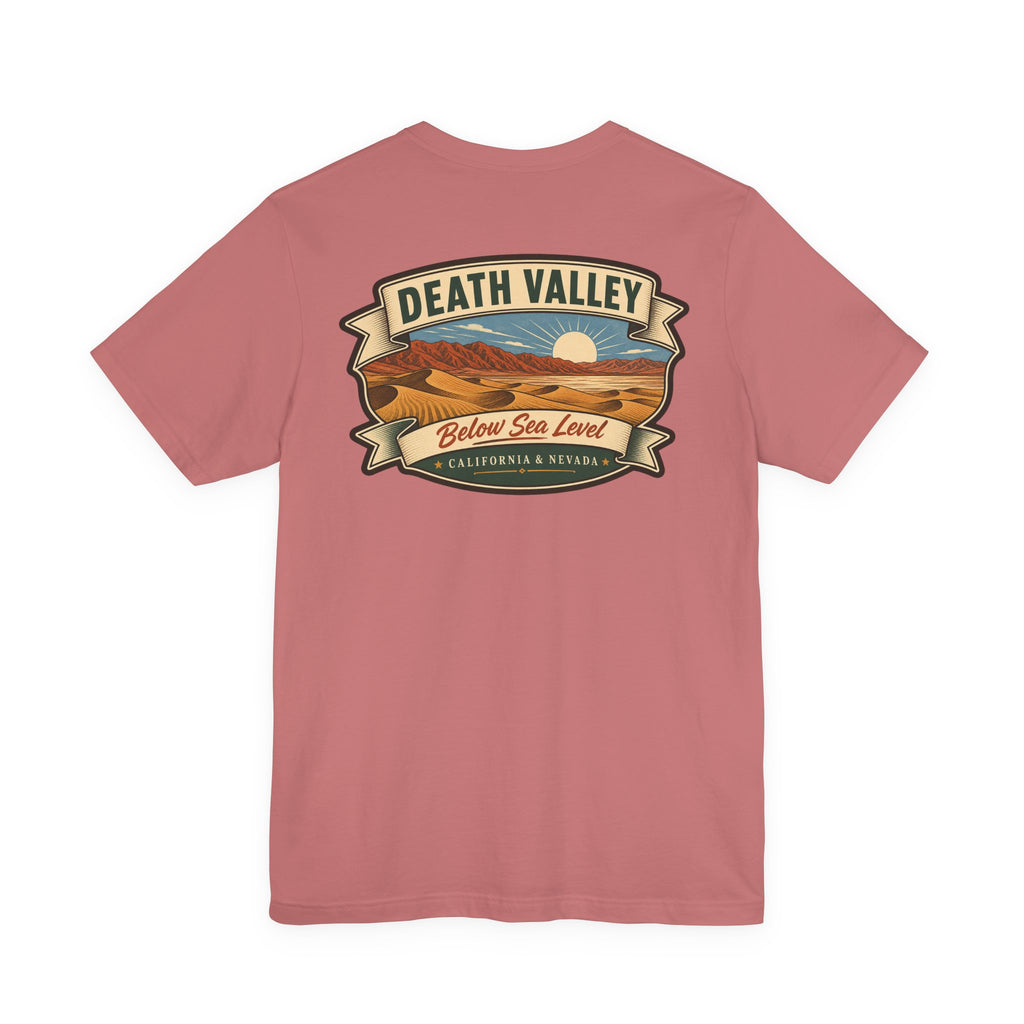 Maroon T-shirt with Death Valley banner landscape graphic across the chest