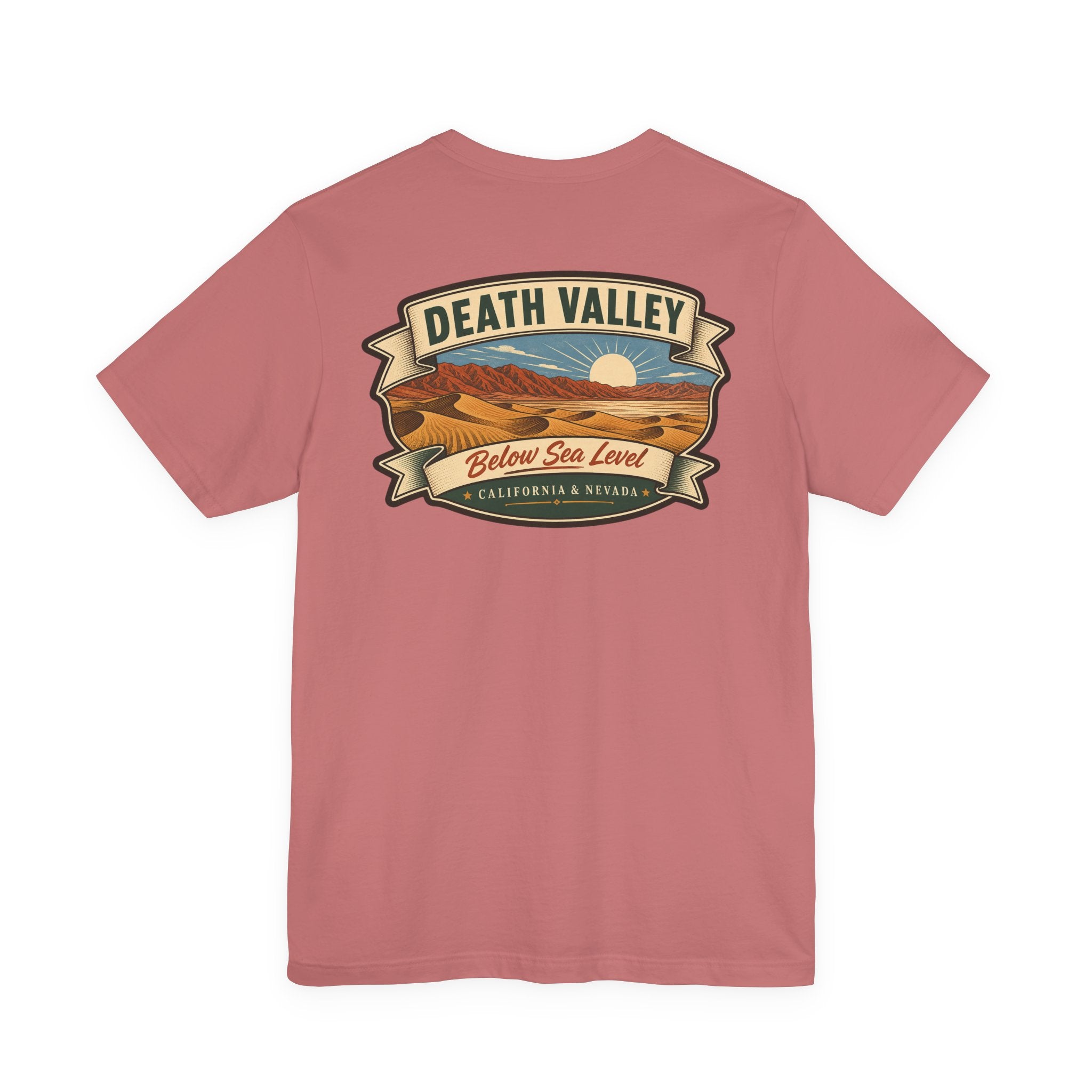 Maroon T-shirt with Death Valley banner landscape graphic across the chest