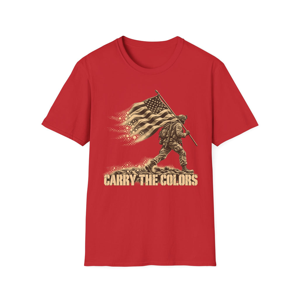Carry the Colors graphic soldier T-shirt, red with flag-bearer front print