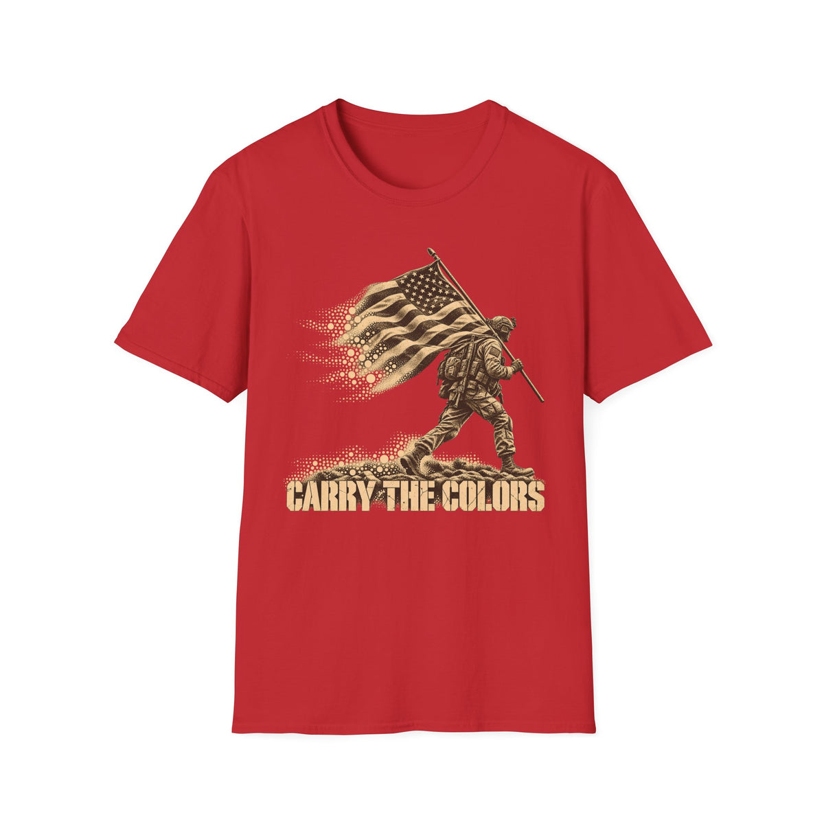Carry the Colors graphic soldier T-shirt, red with flag-bearer front print