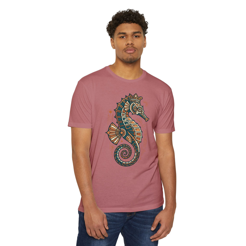Rose unisex T-shirt with crew neck, short sleeves, and seahorse mosaic graphic.