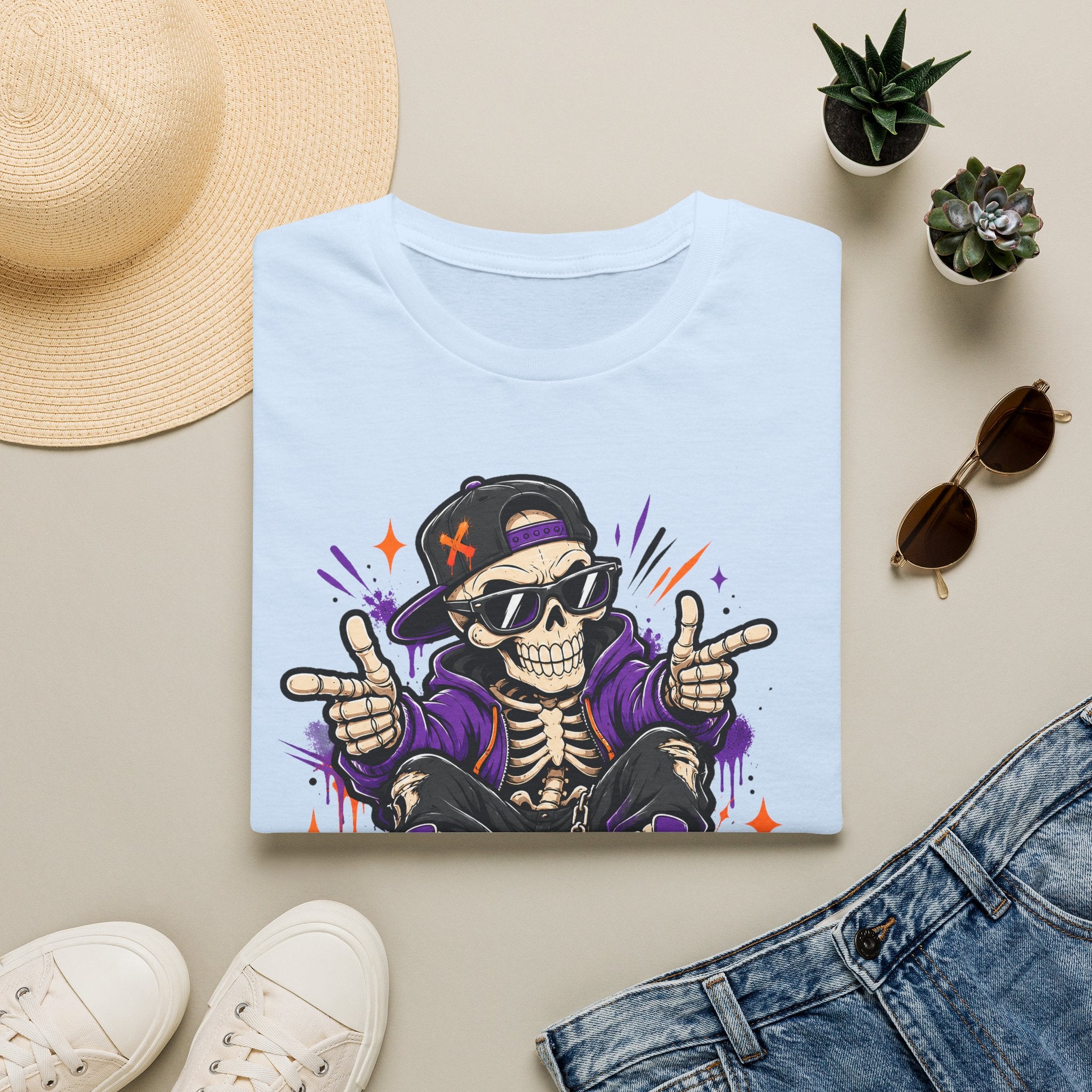 Light blue Skeleton DJ T-shirt with skull wearing headphones and purple handsign graphic print