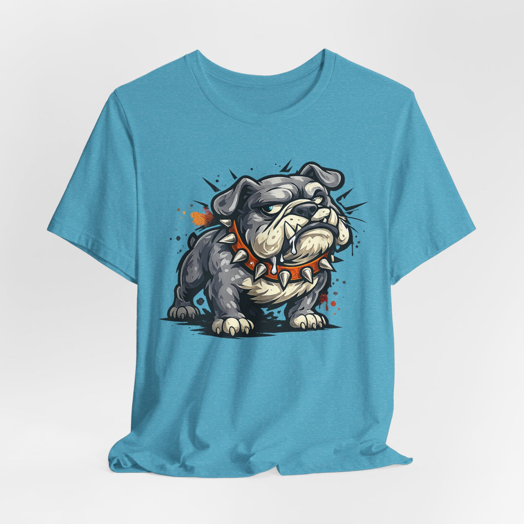 Light blue unisex crewneck tee with snarling bulldog front graphic