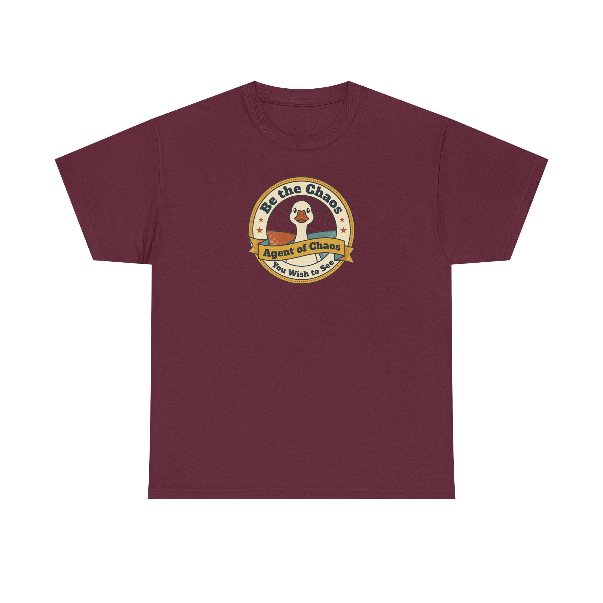 Maroon crew-neck T-shirt with circular duck emblem graphic on the chest