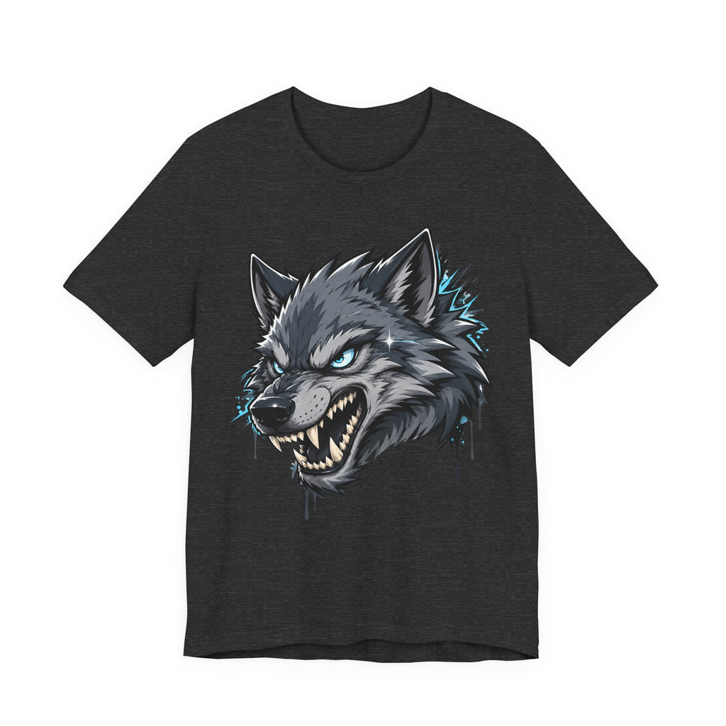 Dark charcoal T-shirt with snarling wolf head graphic, blue-green highlights and drips.