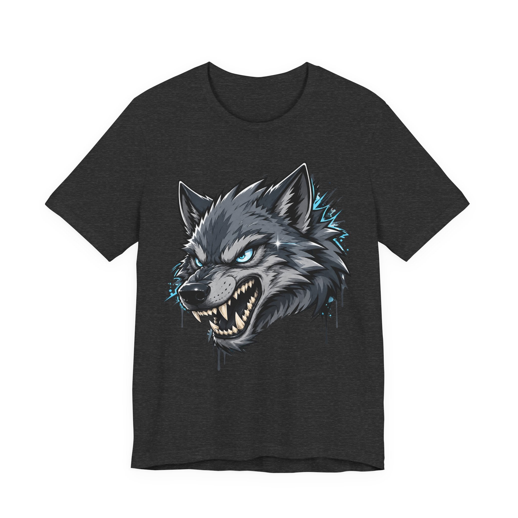 Dark charcoal T-shirt with snarling wolf head graphic, blue-green highlights and drips.