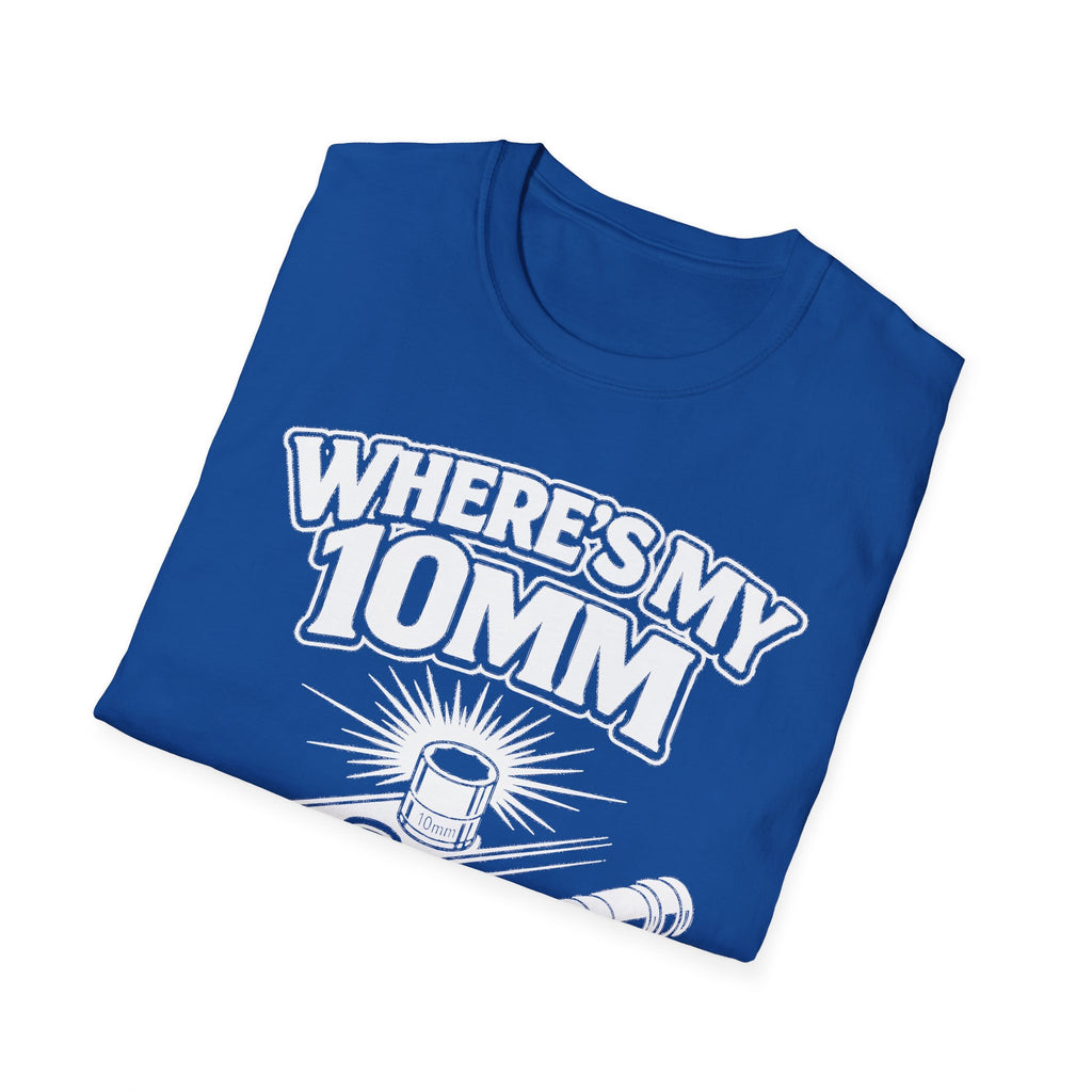 Royal blue T-shirt with “WHERE’S 10MM” tool-themed text graphic and socket icon