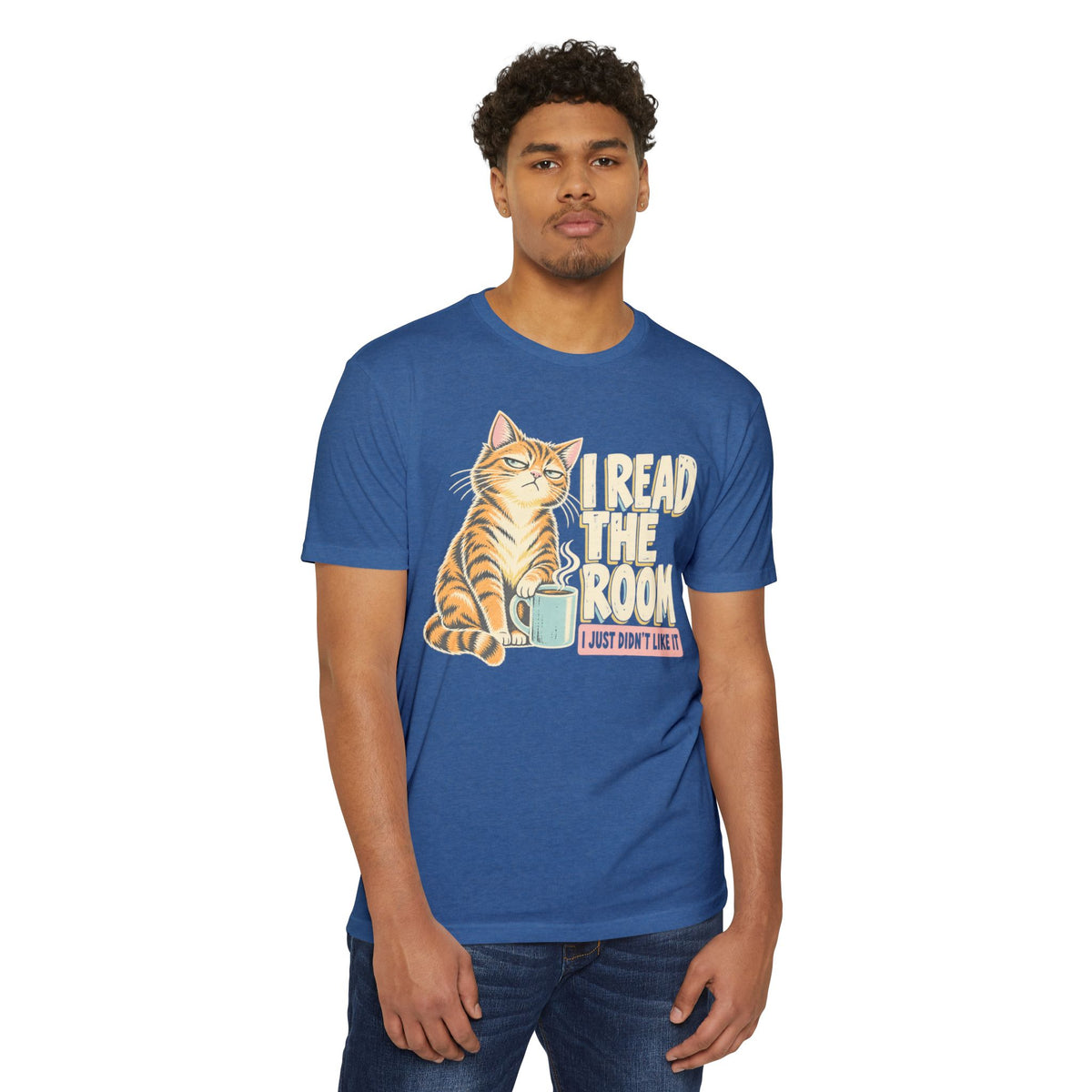 Light blue cat graphic t-shirt front with tiger cat and 'I READ THE ROOM'