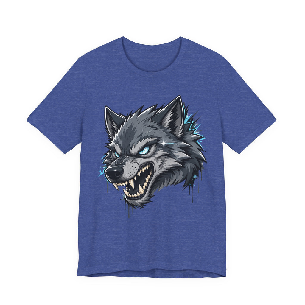 Royal blue T-shirt with snarling wolf head graphic, blue-green highlights and drips.
