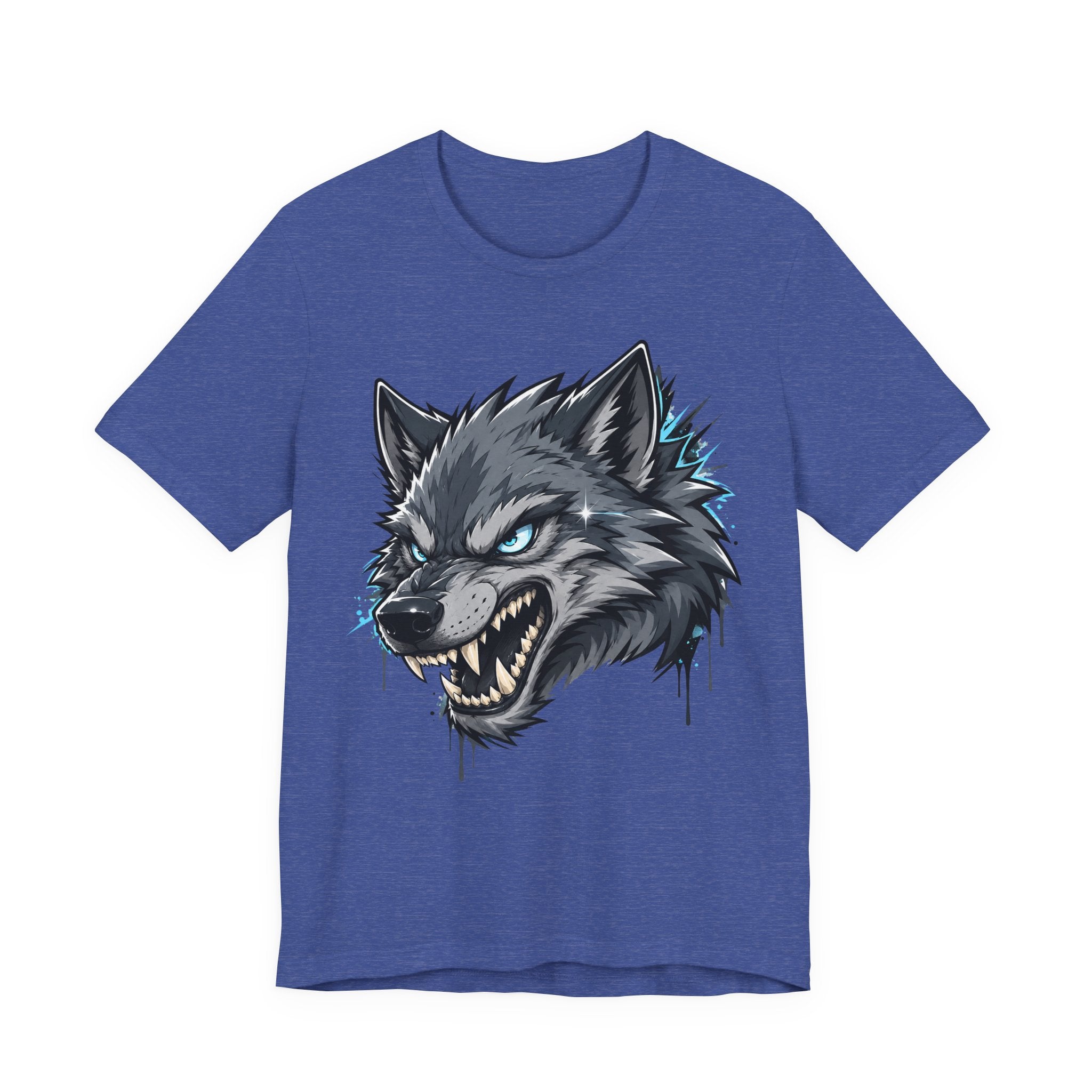 Royal blue T-shirt with snarling wolf head graphic, blue-green highlights and drips.