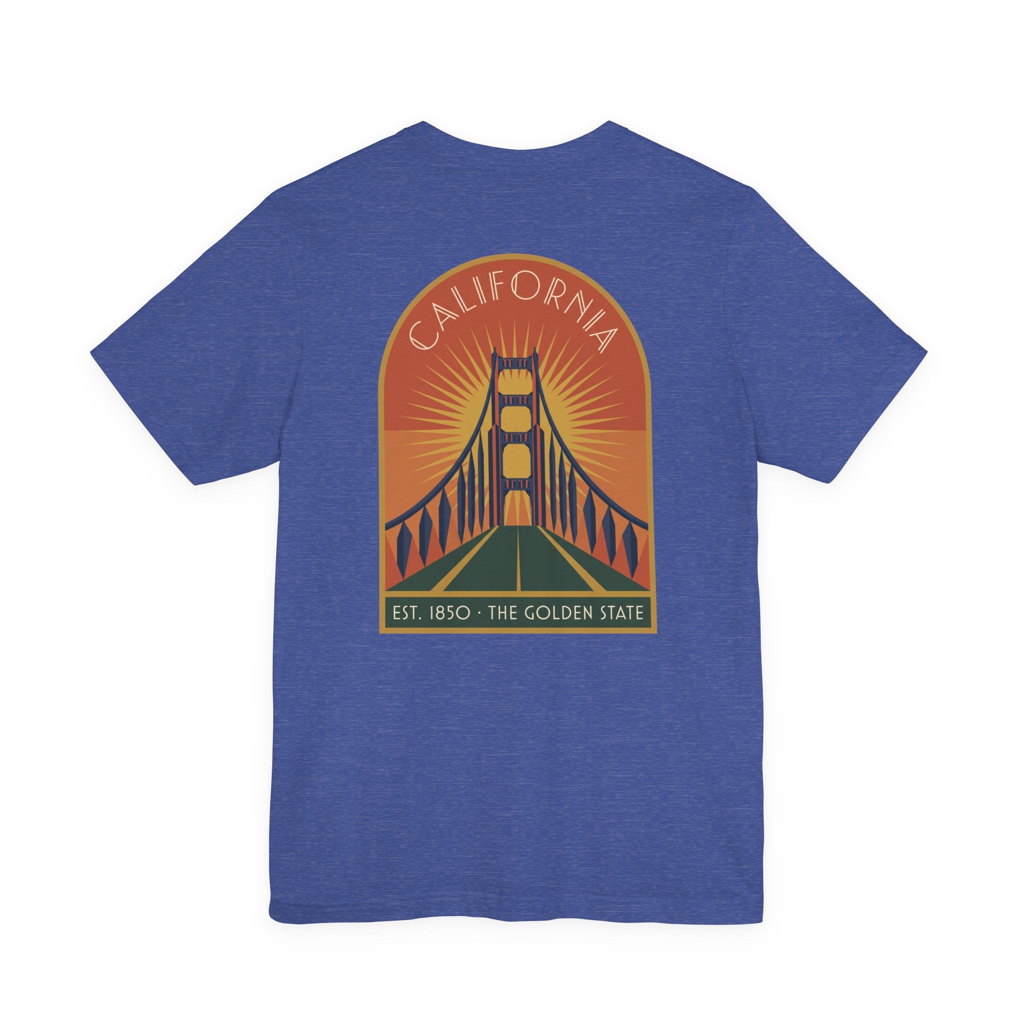 Blue T-shirt with Golden Gate Bridge graphic and circular California logo on chest