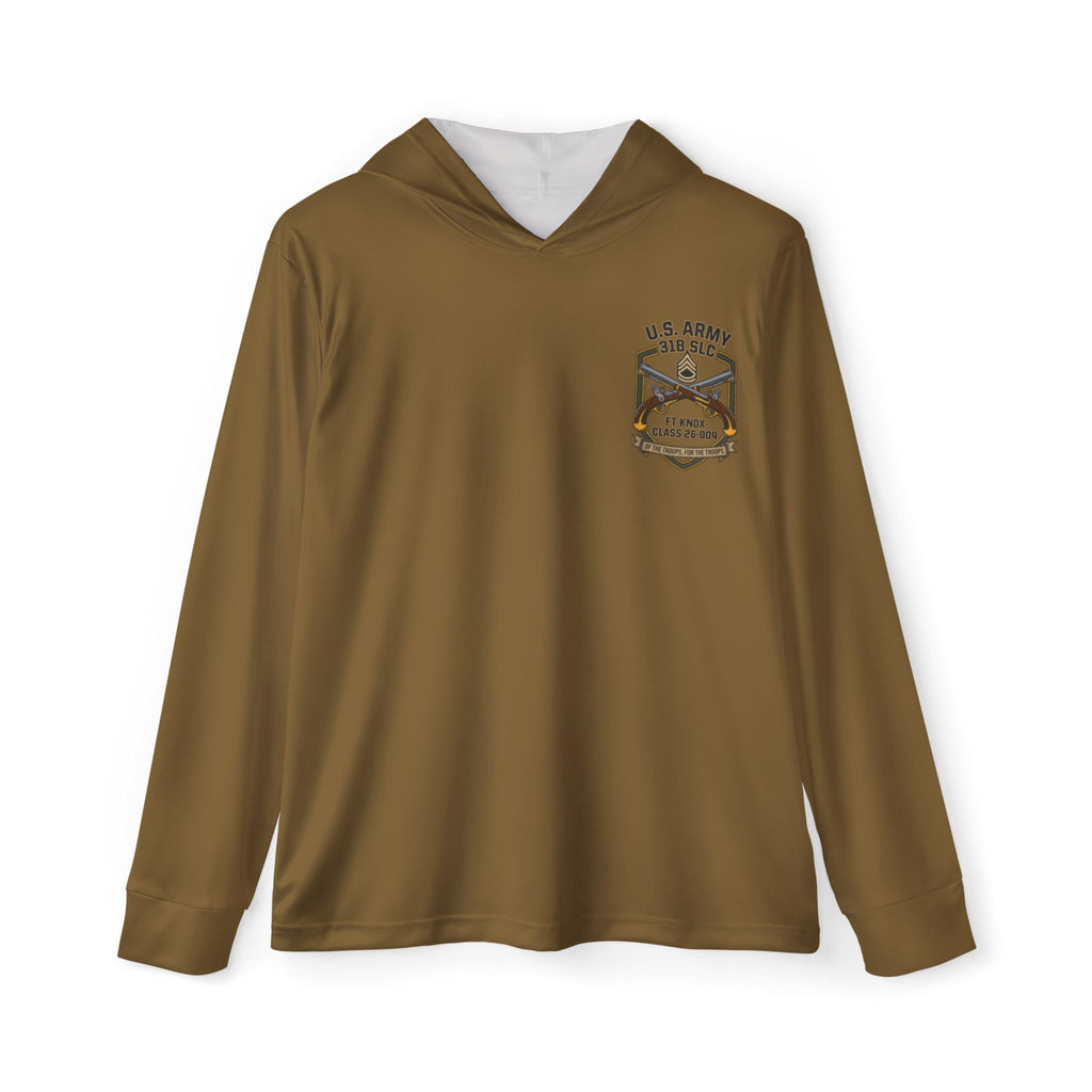 Olive-brown hoodie with hood and front kangaroo pocket, military patch graphic on chest