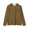 Olive-brown hoodie with hood and front kangaroo pocket, military patch graphic on chest