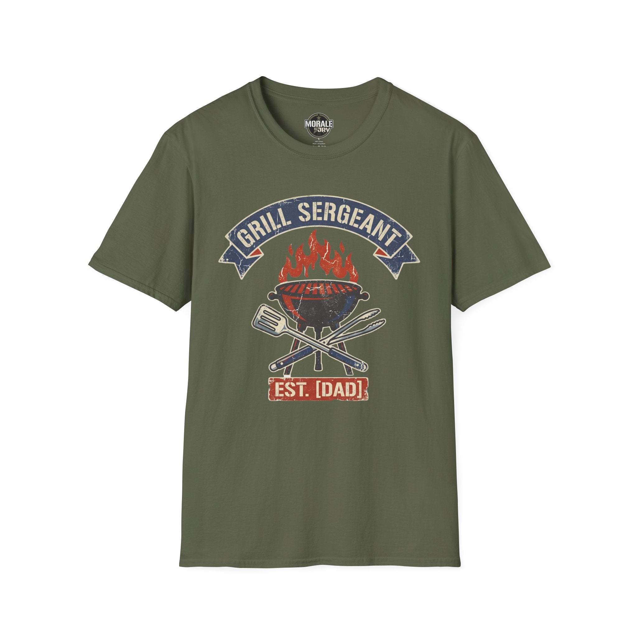 Military green Grill Sergeant BBQ T-shirt with flaming grill, crossed tools, and “EST. [IDADD]”
