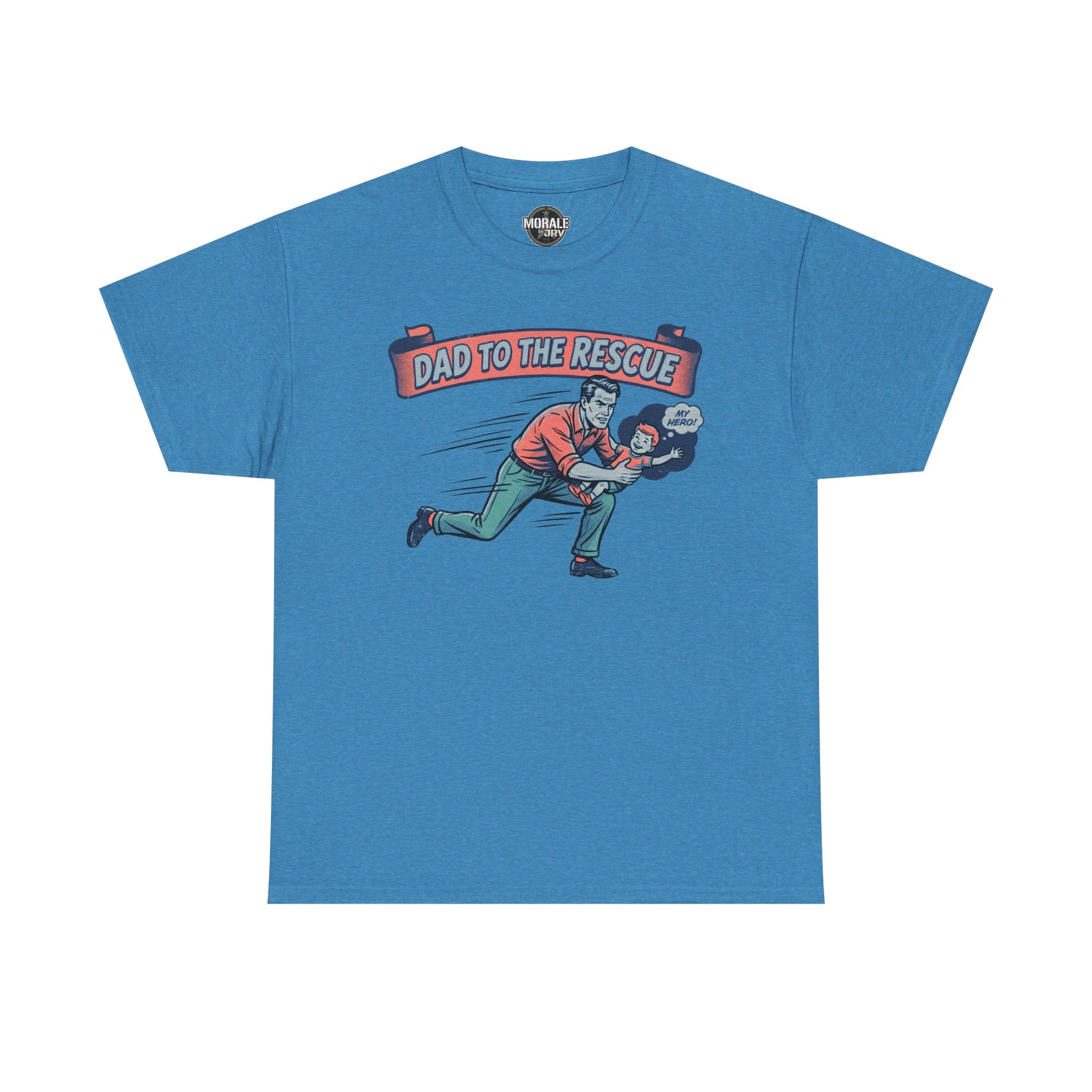 Blue “Dad to the Rescue” T-shirt with retro running dad and hero text