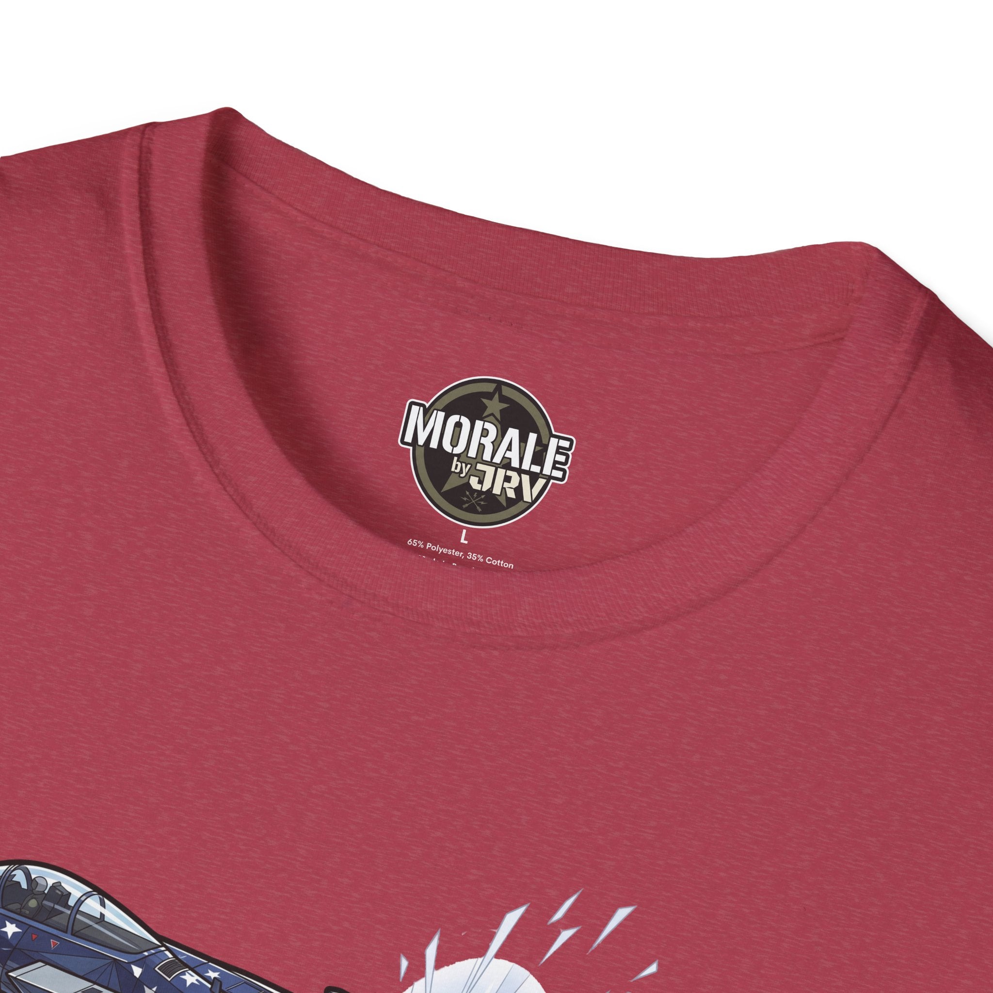 Maroon T-shirt with round neck and small "Morale by JRIV" chest logo