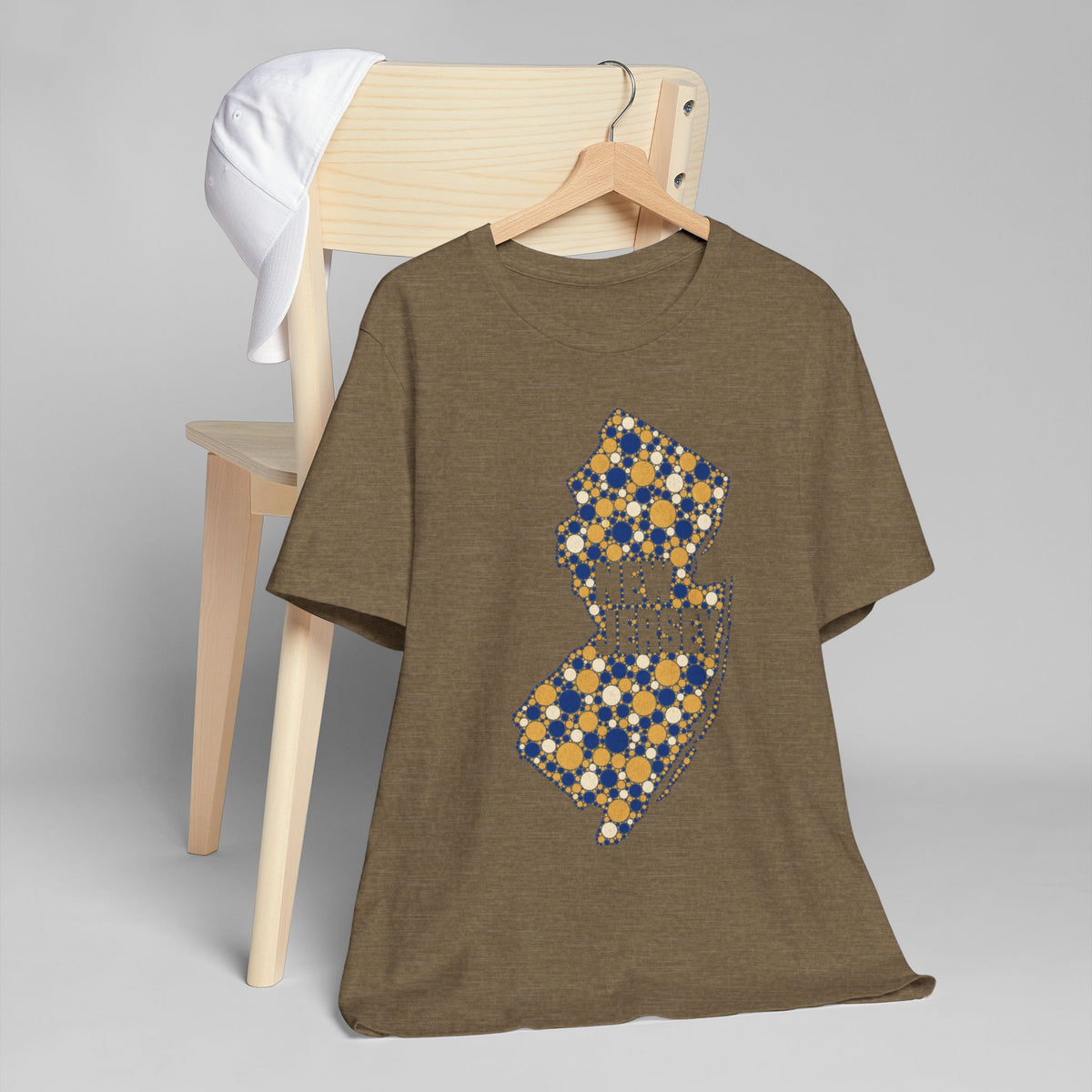 Olive heather crewneck t-shirt with blue and yellow floral New Jersey map graphic