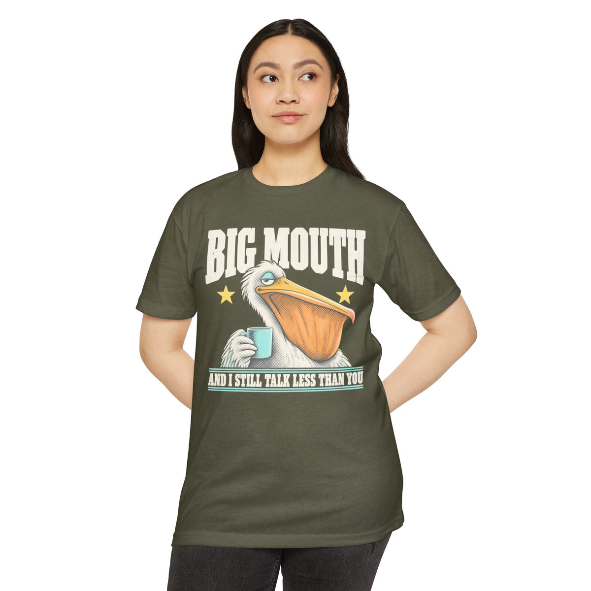 Olive green T-shirt with Big Mouth pelican holding a coffee cup graphic