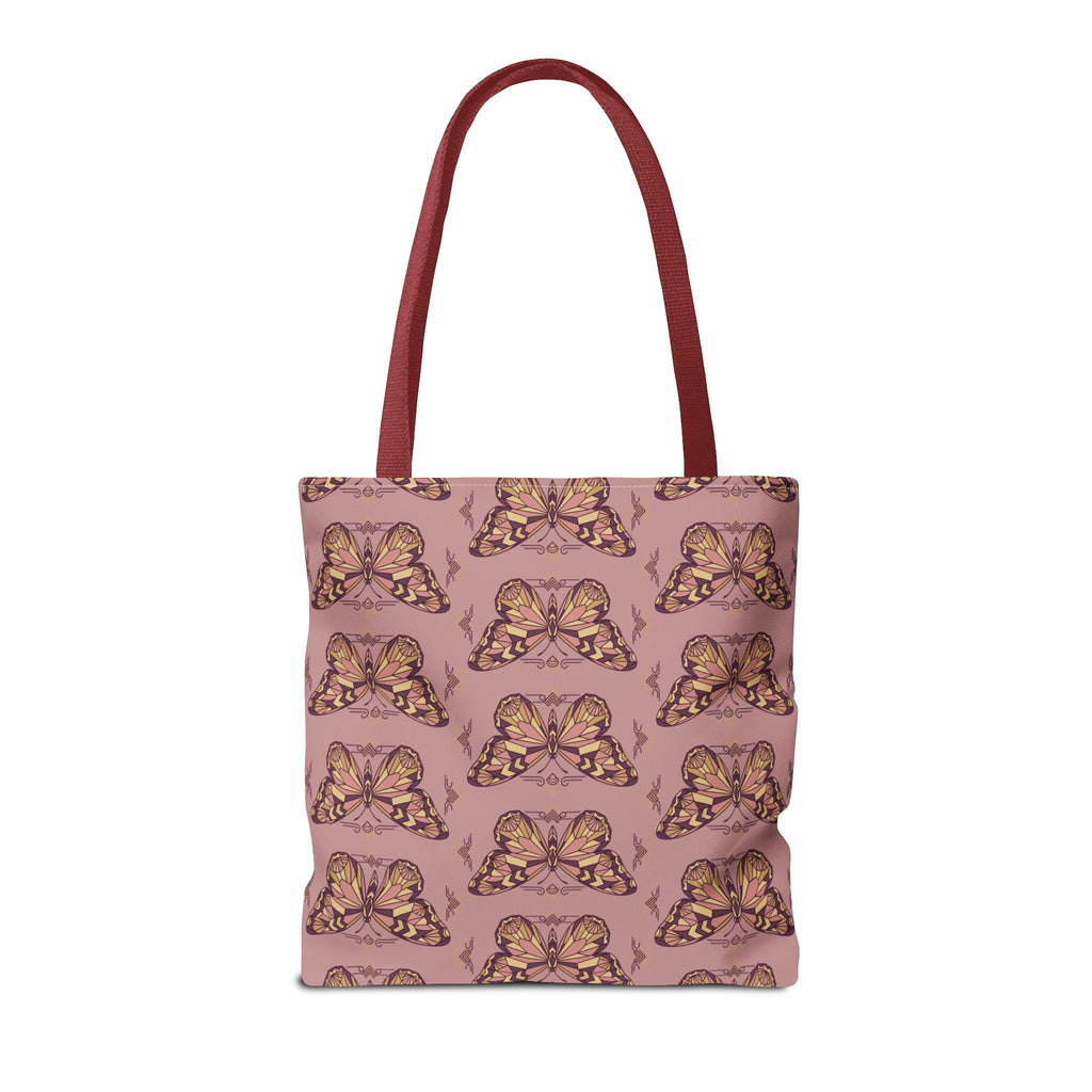 Butterfly-print tote bag in pink with brown-red handles, square front panel