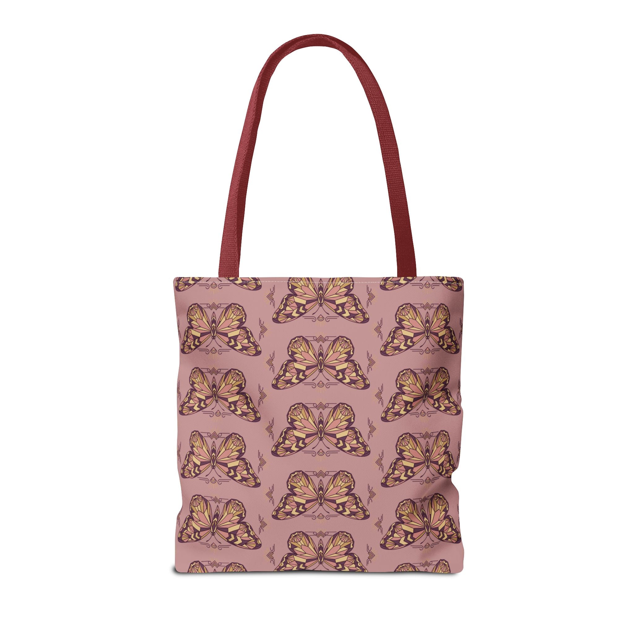 Butterfly-print tote bag in pink with brown-red handles, square front panel
