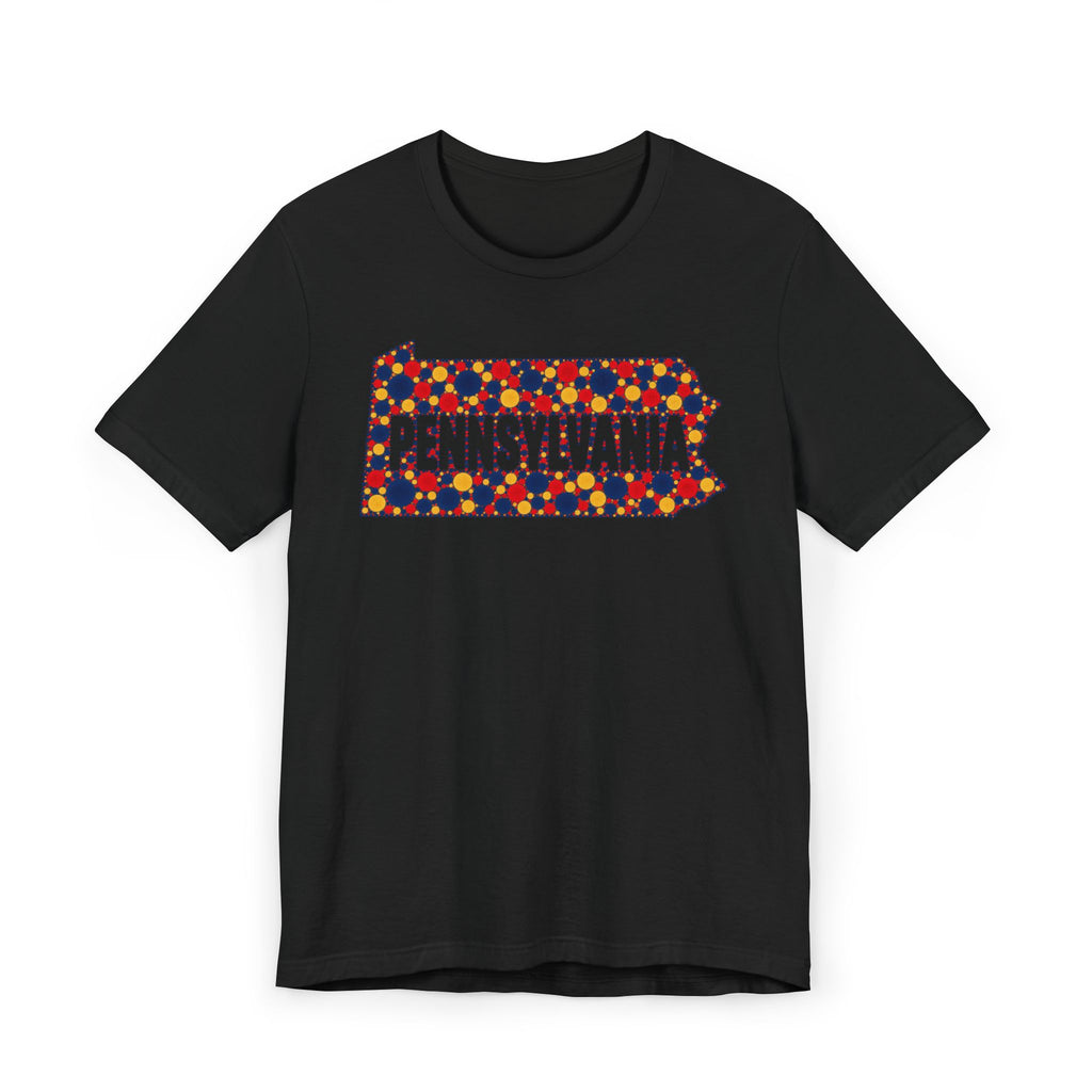 Black crew-neck t-shirt with colorful dotted Pennsylvania graphic on chest