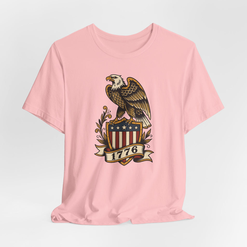 Pink crewneck T-shirt with eagle and 1776 shield emblem graphic