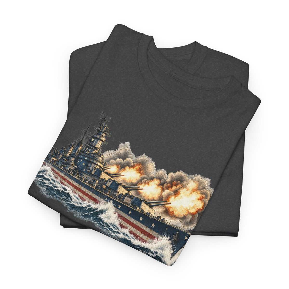 Black short-sleeve T-shirt with battleship graphic and explosions