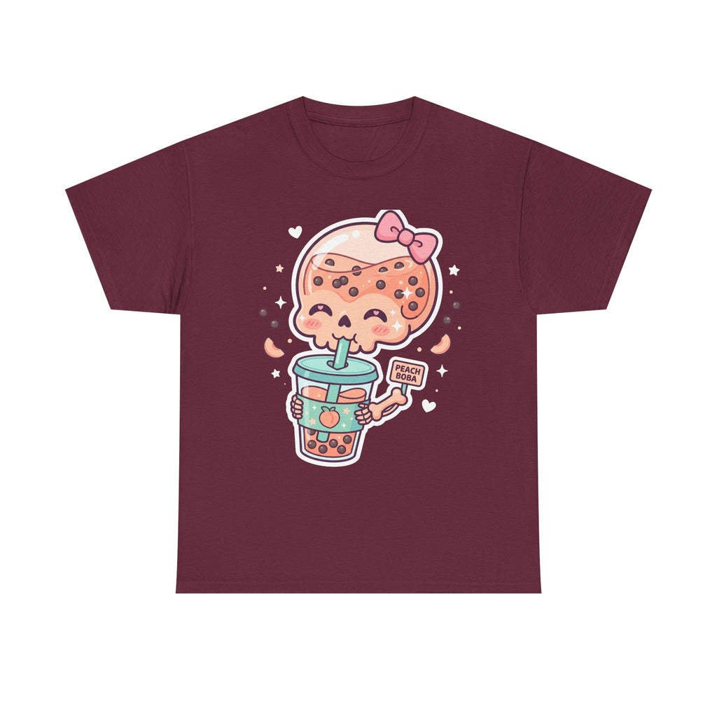 Maroon T-shirt with kawaii boba tea skull graphic holding a cup