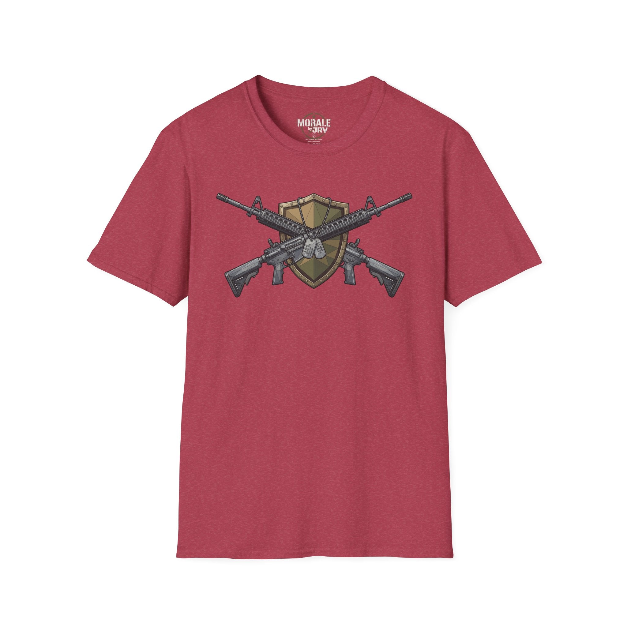 Burgundy crew-neck T-shirt with crossed rifles shield emblem graphic