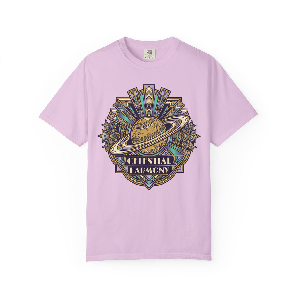Lavender T-shirt with Celestial Harmony planet and starburst graphic on front