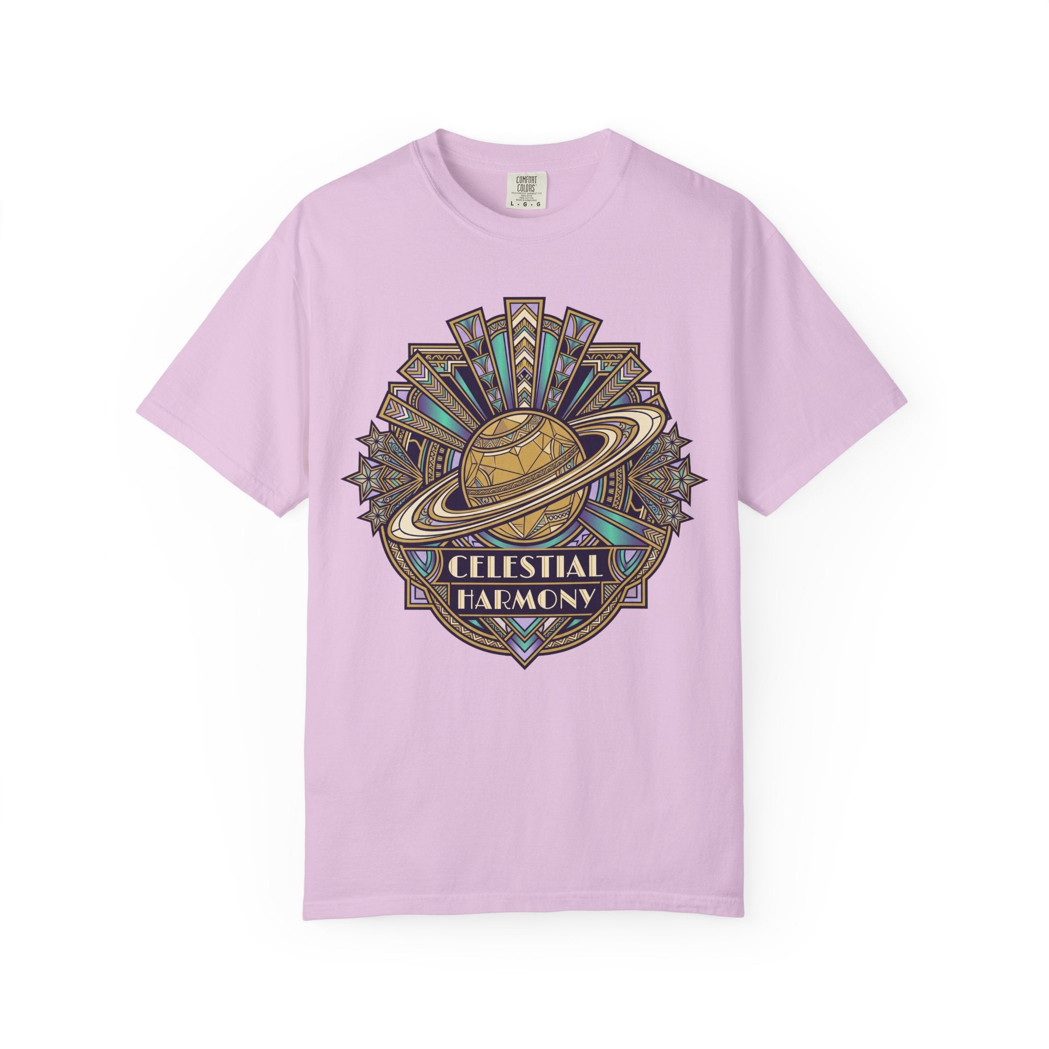 Lavender T-shirt with Celestial Harmony planet and starburst graphic on front
