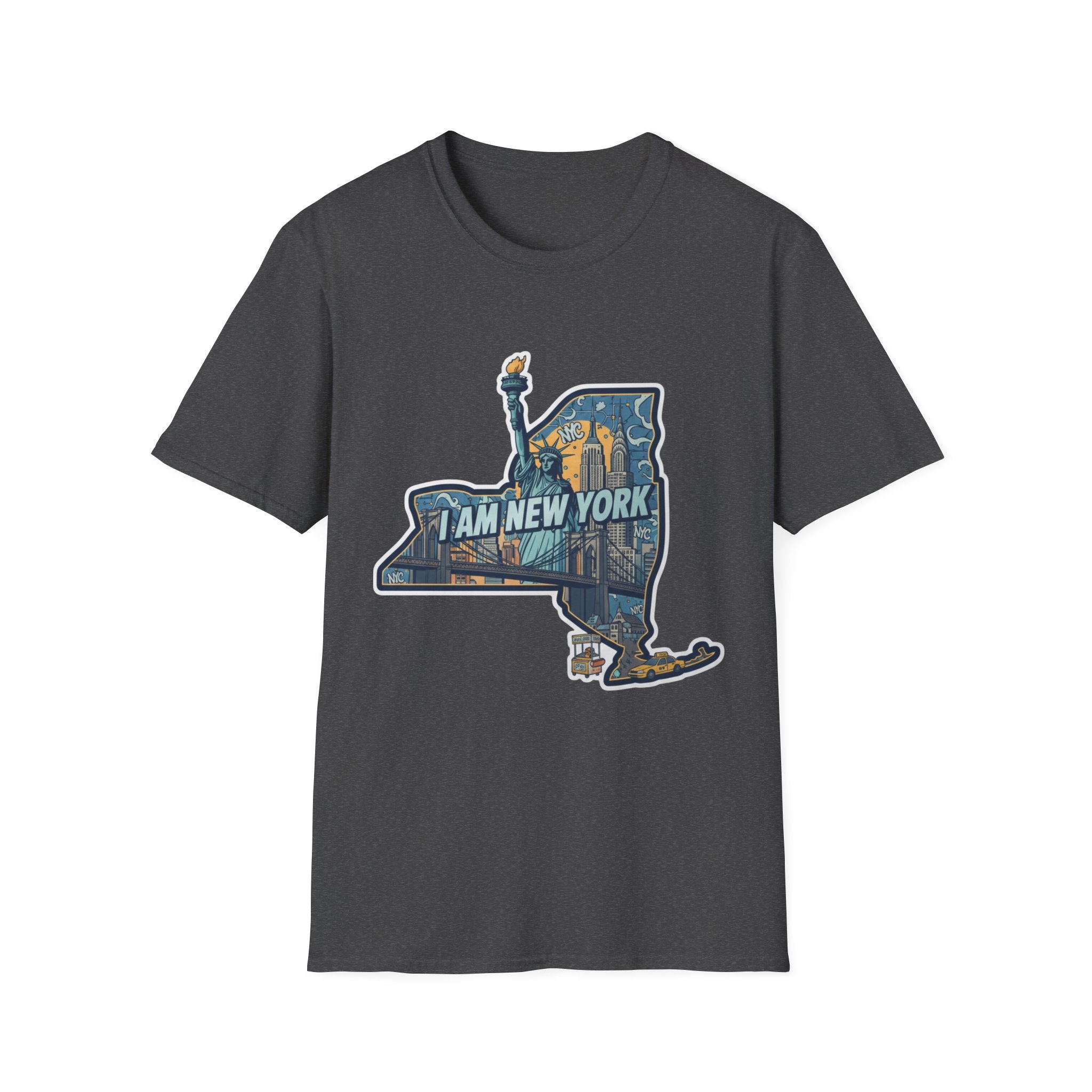 Dark grey T-shirt with NYC skyline and “I Am New York” graphic print on chest