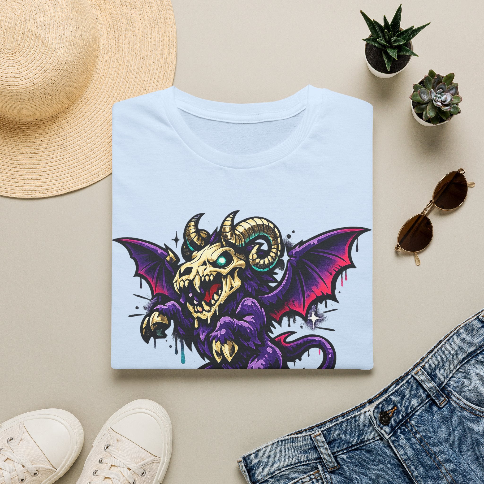Light blue gothic monster T-shirt with purple bat-skull ram creature graphic