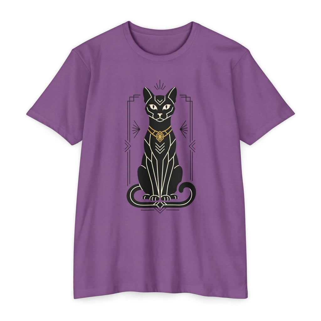 Purple cat graphic t-shirt with standing Egyptian cat illustration on front