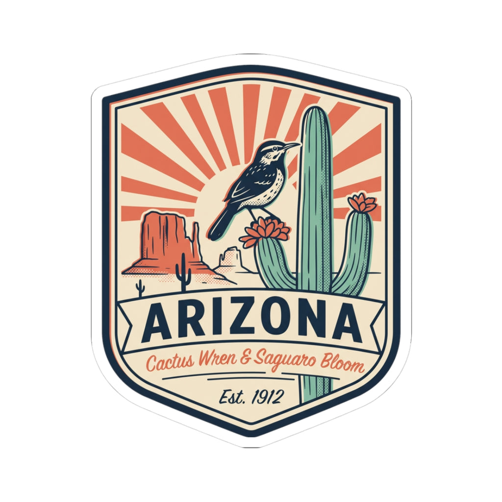 Arizona vintage badge sticker with cactus wren, saguaro, and sunburst rays, Est. 1912.