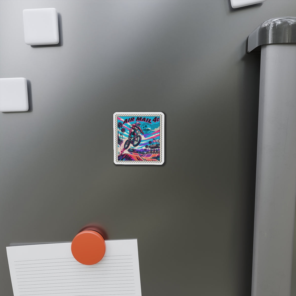 Neon Air Mail 4 BMX rider die-cut fridge magnet attached to a stainless refrigerator